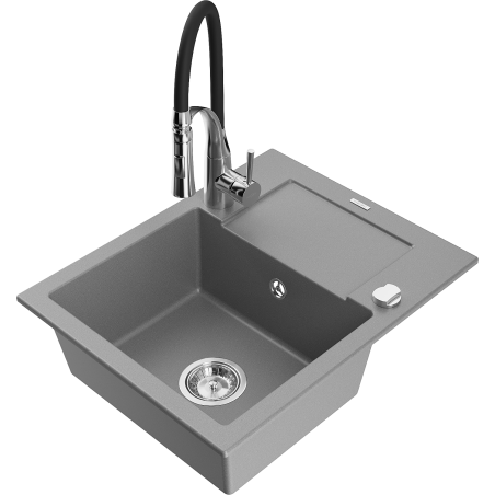 Mexen Enzo 1-compartment granite sink with a drip tray and kitchen mixer tap Aster, Grey - 6506-71-73450-07