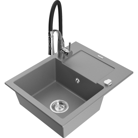 Mexen Enzo granite sink 1-bowl with drainer and kitchen tap Aster, grey - 6506-71-73450-07