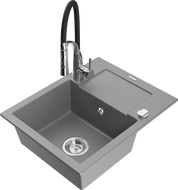 Mexen Enzo 1-compartment granite sink with a drip tray and kitchen mixer tap Aster, Grey - 6506-71-73450-07