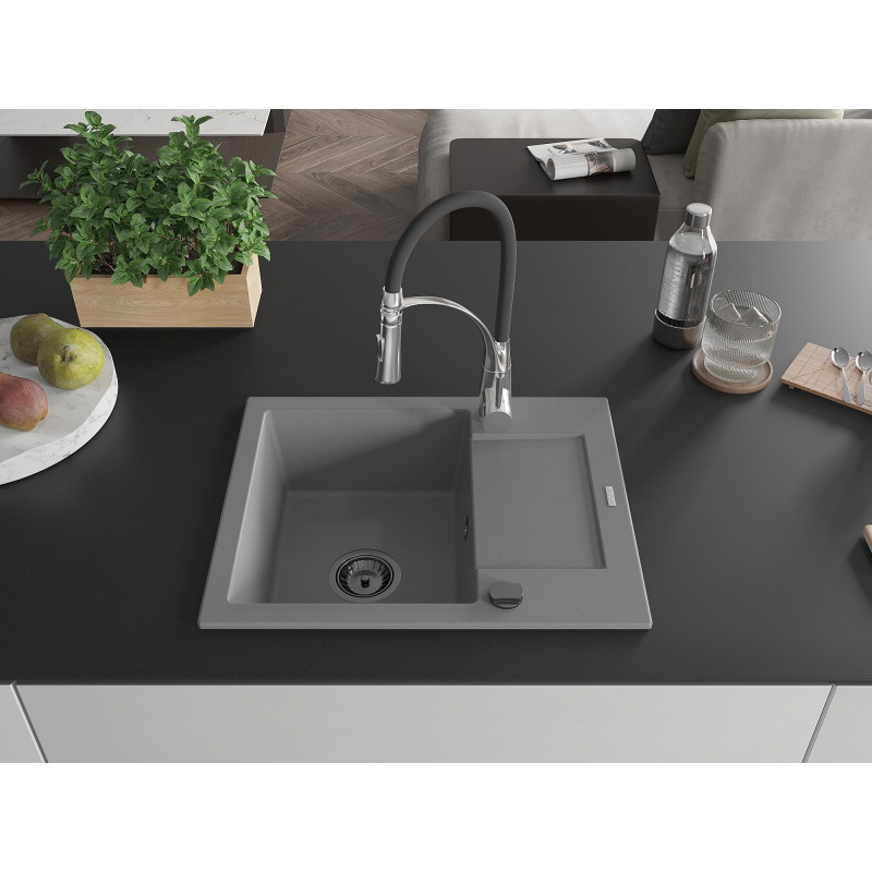 Mexen Enzo 1-bowl granite sink with drainer and Aster kitchen faucet, gray - 6506-71-73450-07-B