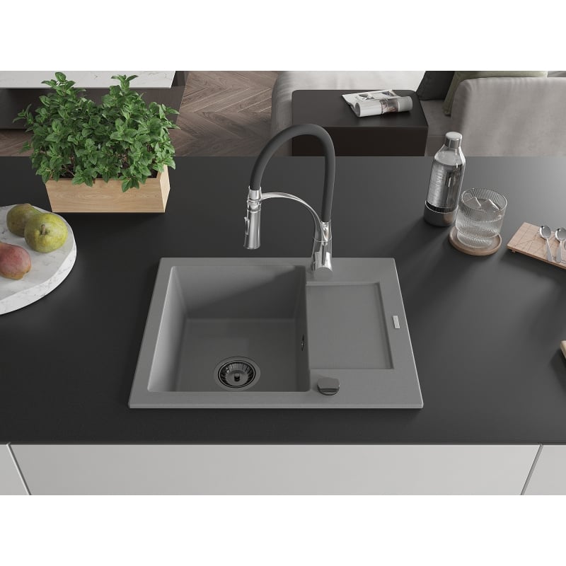 Mexen Enzo granite kitchen sink 1-bowl with drainer and Aster kitchen faucet, gray - 6506-71-73450-07-B