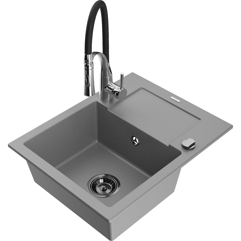 Mexen Enzo 1-compartment granite sink with a drip tray and kitchen mixer tap Aster, Grey - 6506-71-73450-07-B
