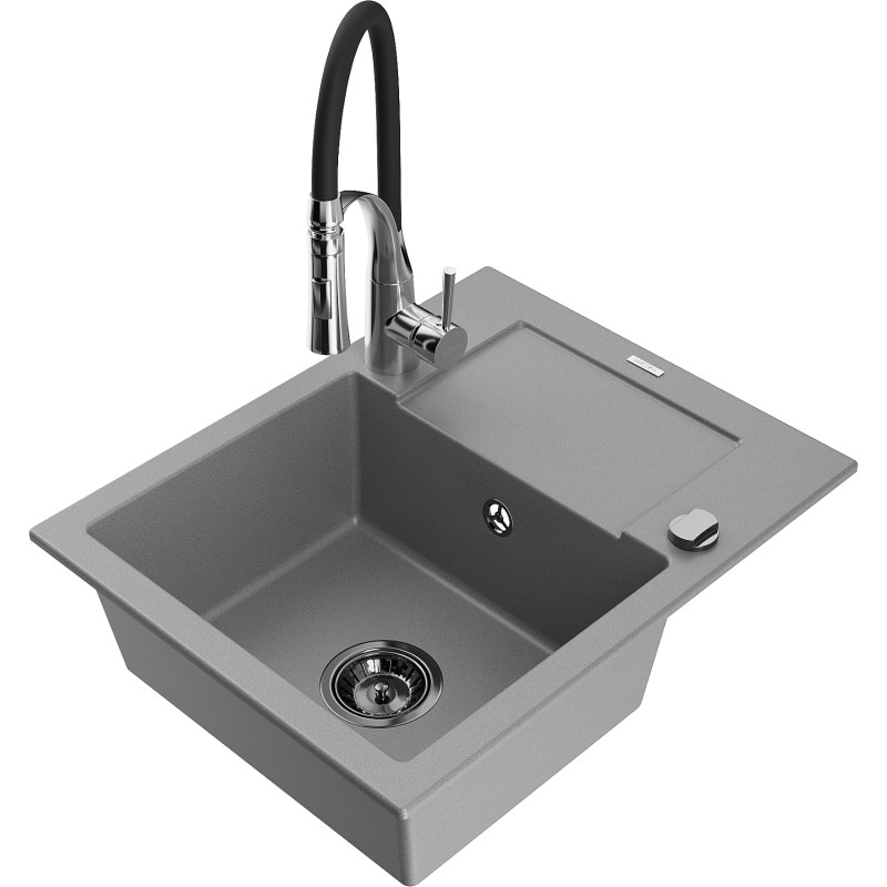Mexen Enzo granite kitchen sink 1-bowl with drainer and Aster kitchen faucet, gray - 6506-71-73450-07-B