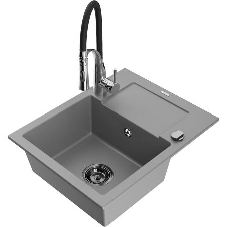 Mexen Enzo 1-compartment granite sink with a drip tray and kitchen mixer tap Aster, Grey - 6506-71-73450-07-B
