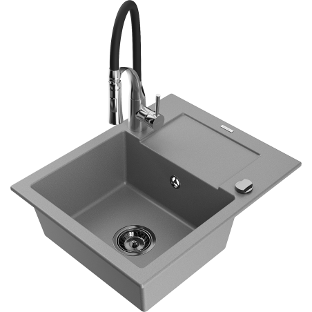 Mexen Enzo granite kitchen sink 1-bowl with drainer and Aster kitchen faucet, gray - 6506-71-73450-07-B