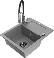 Mexen Enzo 1-compartment granite sink with a drip tray and kitchen mixer tap Aster, Grey - 6506-71-73450-07-B