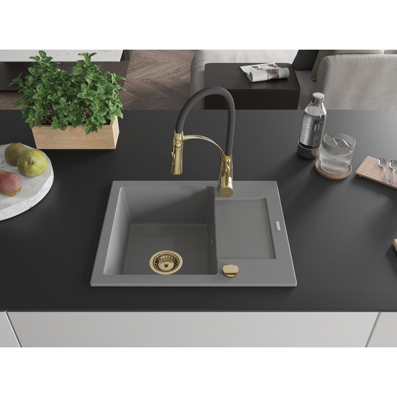 Mexen Enzo granite kitchen sink 1-bowl with drainer and Aster kitchen faucet, gray - 6506-71-73450-57-G