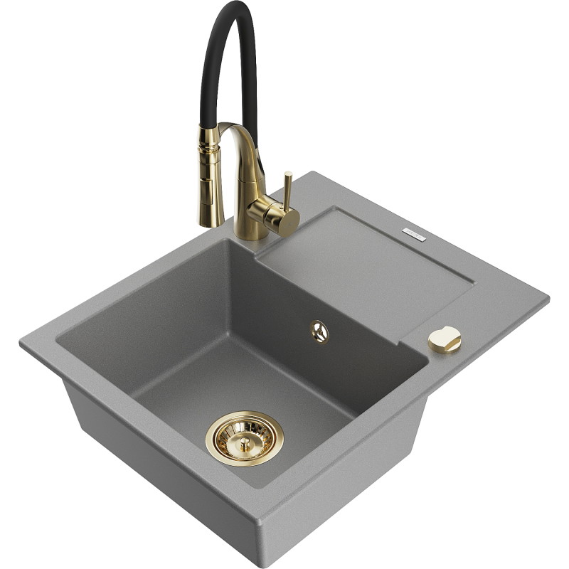Mexen Enzo granite kitchen sink 1-bowl with drainer and Aster kitchen faucet, gray - 6506-71-73450-57-G