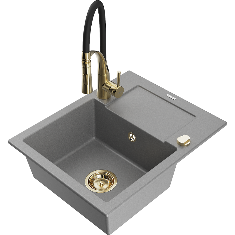 Mexen Enzo granite kitchen sink 1-bowl with drainer and Aster kitchen tap, grey - 6506-71-73450-57-G