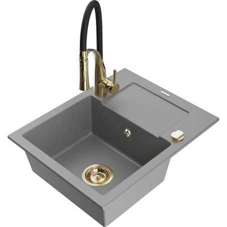 Mexen Enzo 1-compartment granite sink with a drip tray and kitchen mixer tap Aster, Grey - 6506-71-73450-57-G