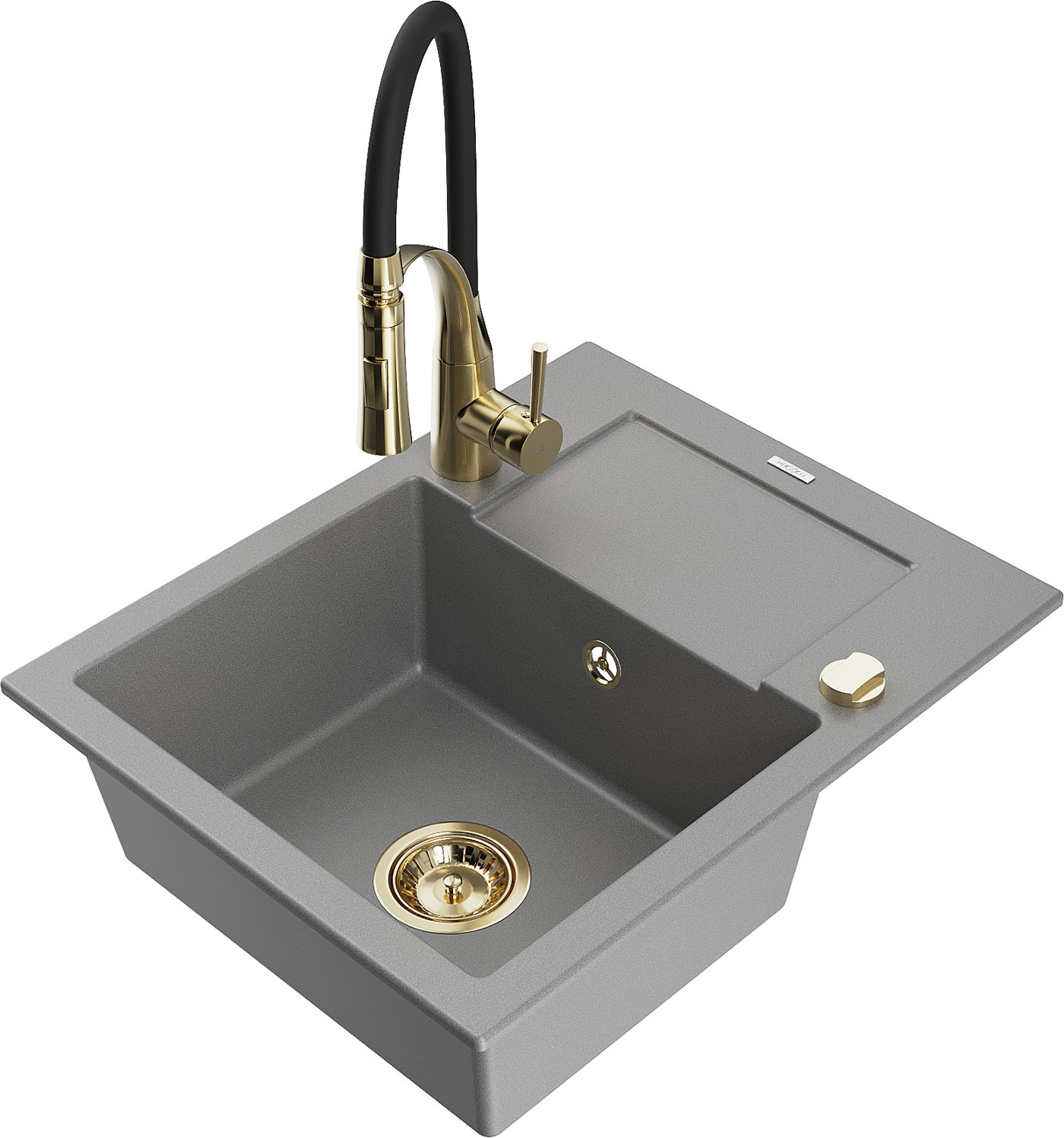 Mexen Enzo 1-compartment granite sink with a drip tray and kitchen mixer tap Aster, Grey - 6506-71-73450-57-G
