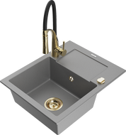 Mexen Enzo 1-compartment granite sink with a drip tray and kitchen mixer tap Aster, Grey - 6506-71-73450-57-G