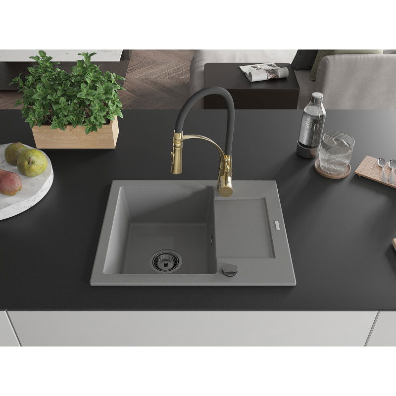 Mexen Enzo single-bowl granite sink with drainer and Aster kitchen tap, grey - 6506-71-73450-57-B