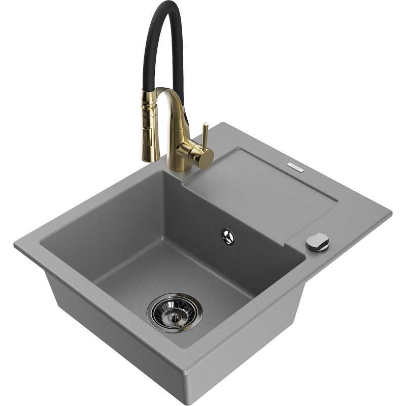 Mexen Enzo 1-compartment granite sink with a drip tray and kitchen mixer tap Aster, Grey - 6506-71-73450-57-B