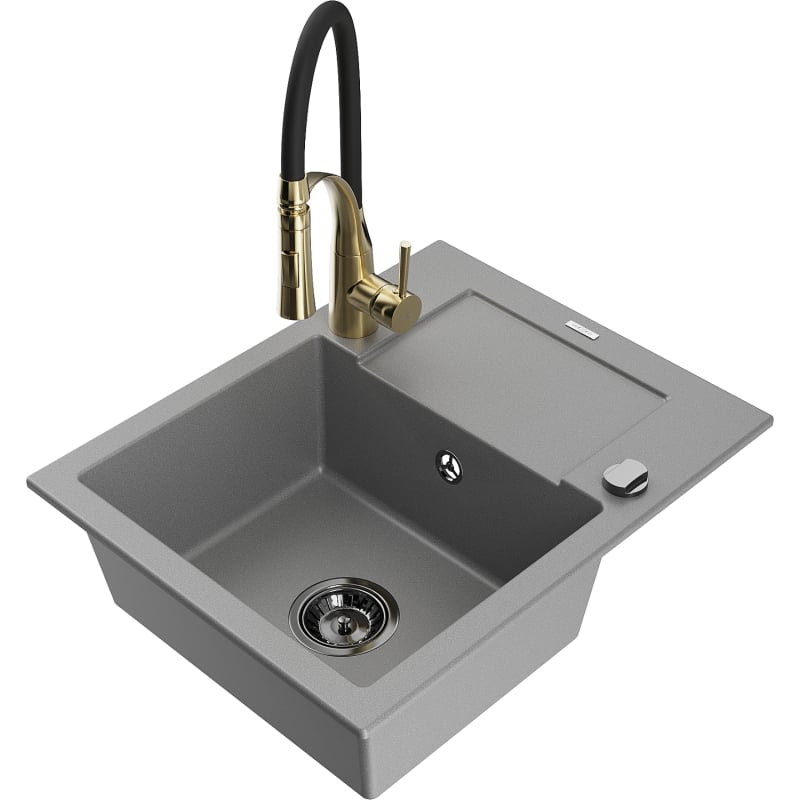 Mexen Enzo granite sink 1-bowl with drainer and kitchen faucet Aster, gray - 6506-71-73450-57-B