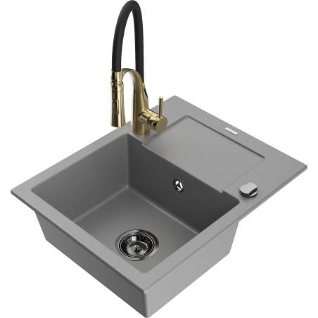 Mexen Enzo 1-compartment granite sink with a drip tray and kitchen mixer tap Aster, Grey - 6506-71-73450-57-B
