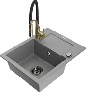 Mexen Enzo 1-compartment granite sink with a drip tray and kitchen mixer tap Aster, Grey - 6506-71-73450-57-B