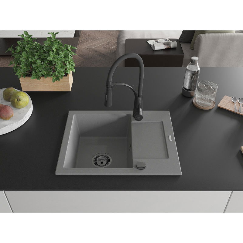 Mexen Enzo granite sink 1-bowl with drainer and Aster kitchen tap, grey - 6506-71-73450-70-B