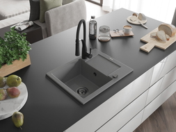 Mexen Enzo 1-bowl granite sink with drainer and Aster kitchen faucet, gray - 6506-71-73450-70-B