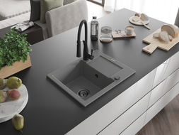 Mexen Enzo 1-compartment granite sink with a drip tray and kitchen mixer tap Aster, Grey - 6506-71-73450-70-B