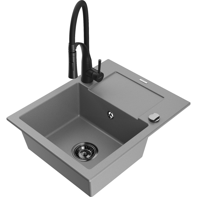 Mexen Enzo granite kitchen sink 1-bowl with drainer and Aster kitchen faucet, gray - 6506-71-73450-70-B