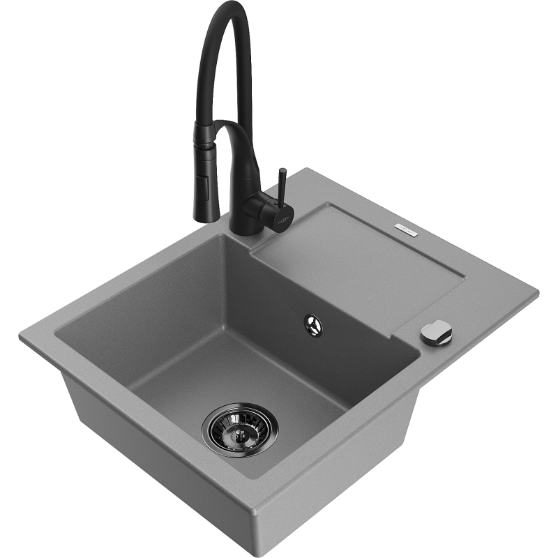 Mexen Enzo granite sink 1-bowl with drainer and Aster kitchen tap, grey - 6506-71-73450-70-B