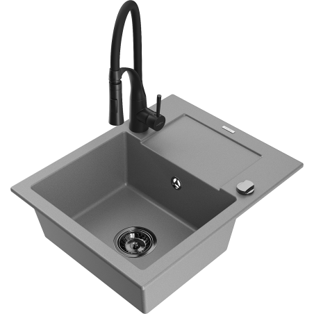 Mexen Enzo granite kitchen sink 1-bowl with drainer and Aster kitchen faucet, gray - 6506-71-73450-70-B