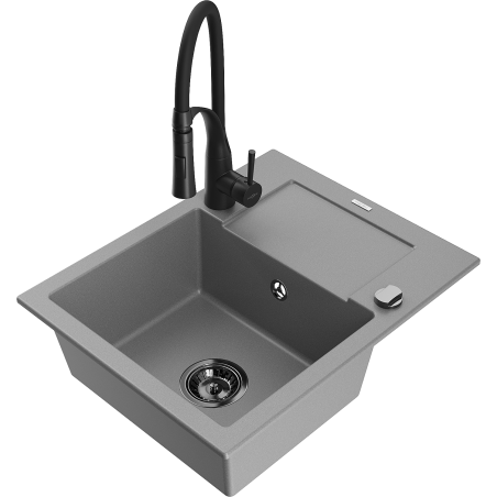 Mexen Enzo granite sink 1-bowl with drainer and Aster kitchen tap, grey - 6506-71-73450-70-B
