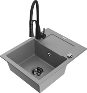Mexen Enzo 1-compartment granite sink with a drip tray and kitchen mixer tap Aster, Grey - 6506-71-73450-70-B