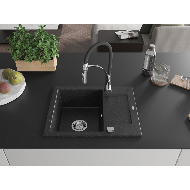 Mexen Enzo granite sink 1-bowl with drainer and kitchen faucet Aster, black/silver metallic - 6506-73-73450-07