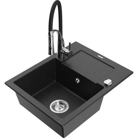 Mexen Enzo 1-bowl granite kitchen sink with drainer and Aster kitchen faucet, black/silver metallic - 6506-73-73450-07