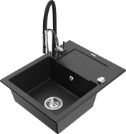 Mexen Enzo 1-bowl granite kitchen sink with drainer and Aster kitchen faucet, black/silver metallic - 6506-73-73450-07