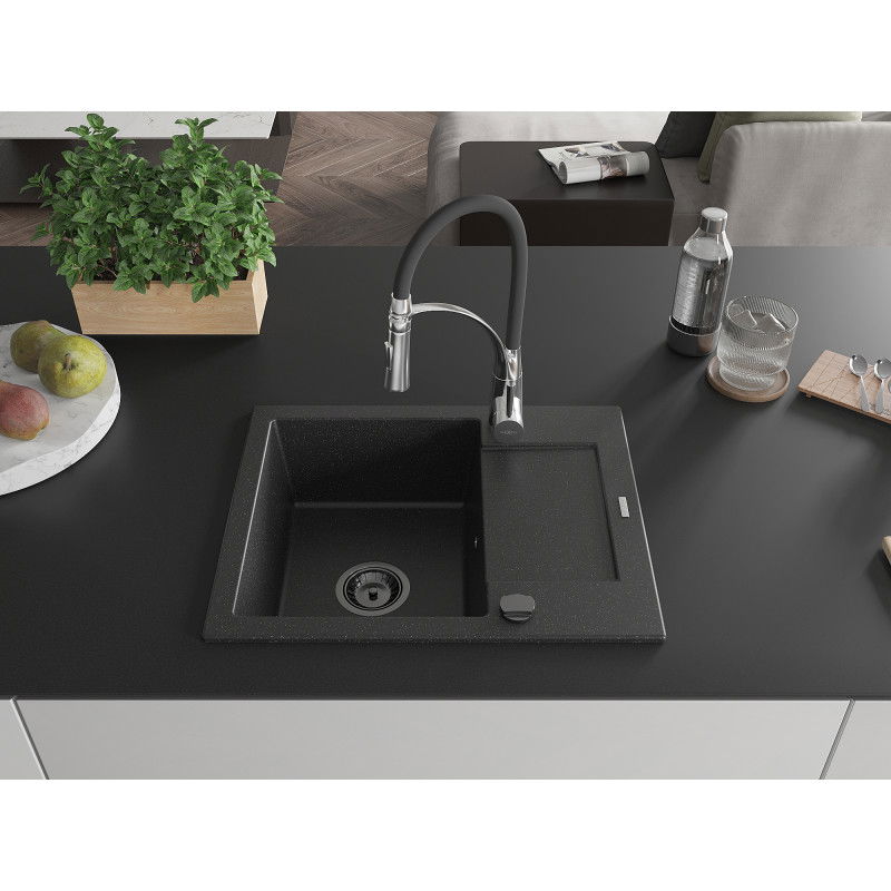 Mexen Enzo 1-Bowl Granite Sink with Drainer and Aster Kitchen Tap, Black/Silver Metallic - 6506-73-73450-07-B