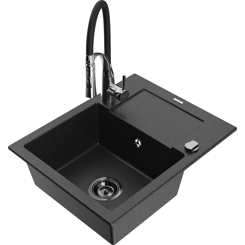Mexen Enzo 1-compartment granite sink with a drip tray and kitchen mixer tap Aster, Black/Silver metallic - 6506-73-73450-07-B