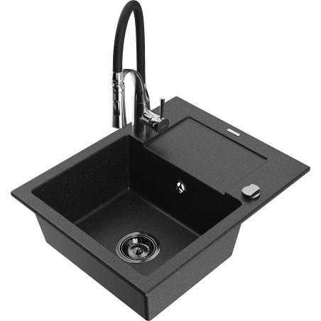 Mexen Enzo 1-Bowl Granite Sink with Drainer and Aster Kitchen Tap, Black/Silver Metallic - 6506-73-73450-07-B