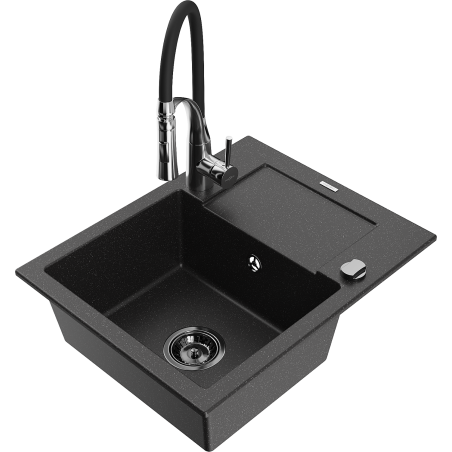 Mexen Enzo granite kitchen sink 1-bowl with drainer and Aster kitchen faucet, black/silver metallic - 6506-73-73450-07-B