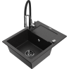 Mexen Enzo granite kitchen sink 1-bowl with drainer and Aster kitchen faucet, black/silver metallic - 6506-73-73450-07-B