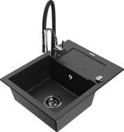 Mexen Enzo 1-Bowl Granite Sink with Drainer and Aster Kitchen Tap, Black/Silver Metallic - 6506-73-73450-07-B