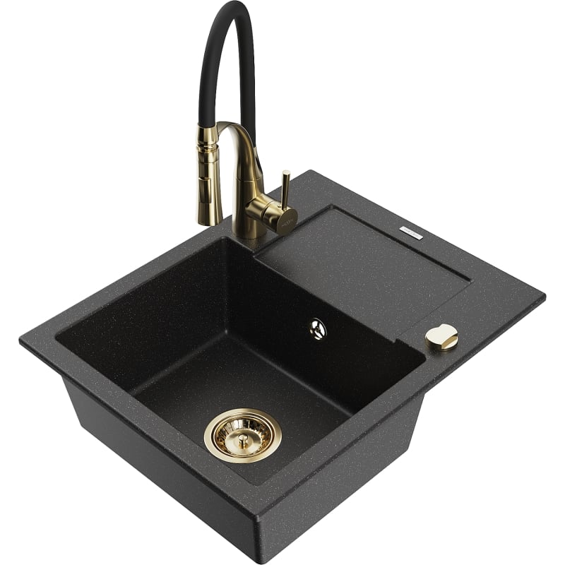 Mexen Enzo 1-bowl granite sink with drainer and Aster kitchen faucet, black/silver metallic - 6506-73-73450-57-G