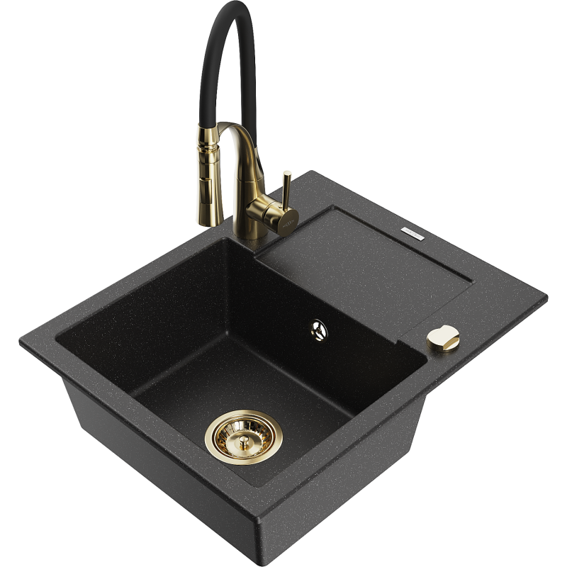 Mexen Enzo 1-bowl granite sink with drainer and Aster kitchen tap, black/silver metallic - 6506-73-73450-57-G