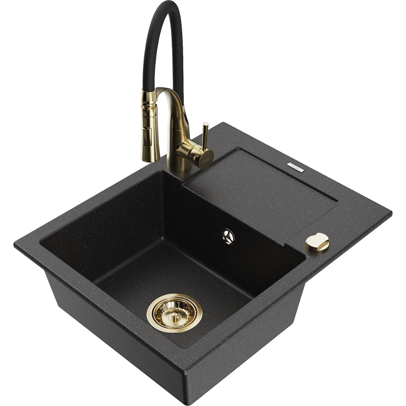 Mexen Enzo 1-compartment granite sink with a drip tray and kitchen mixer tap Aster, Black/Silver metallic - 6506-73-73450-57-G