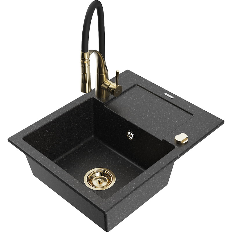 Mexen Enzo granite kitchen sink 1-chamber with drainer and Aster kitchen faucet, black/silver metallic - 6506-73-73450-57-G