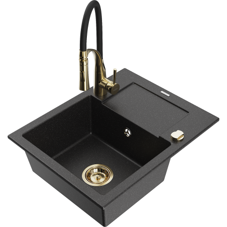 Mexen Enzo 1-bowl granite sink with drainer and Aster kitchen faucet, black/silver metallic - 6506-73-73450-57-G