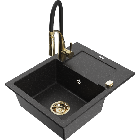 Mexen Enzo granite kitchen sink 1-chamber with drainer and Aster kitchen faucet, black/silver metallic - 6506-73-73450-57-G