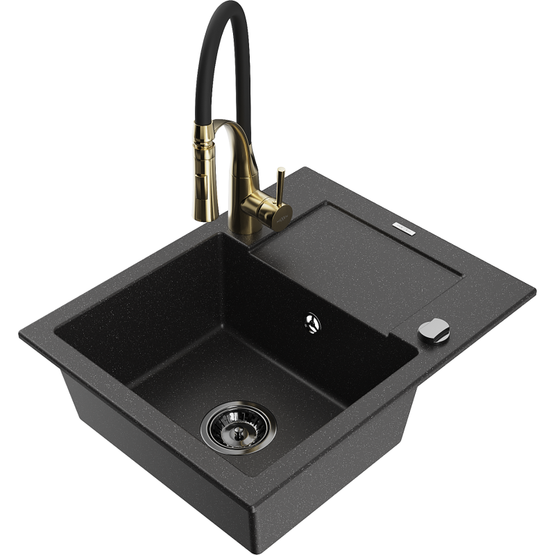 Mexen Enzo 1-bowl granite sink with drainer and Aster kitchen tap, black/silver metallic - 6506-73-73450-57-B