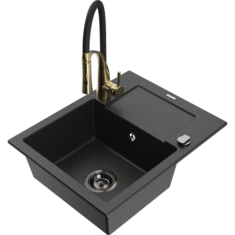 Mexen Enzo 1-compartment granite sink with a drip tray and kitchen mixer tap Aster, Black/Silver metallic - 6506-73-73450-57-B