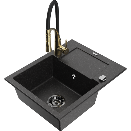 Mexen Enzo 1-bowl granite sink with drainer and Aster kitchen tap, black/silver metallic - 6506-73-73450-57-B