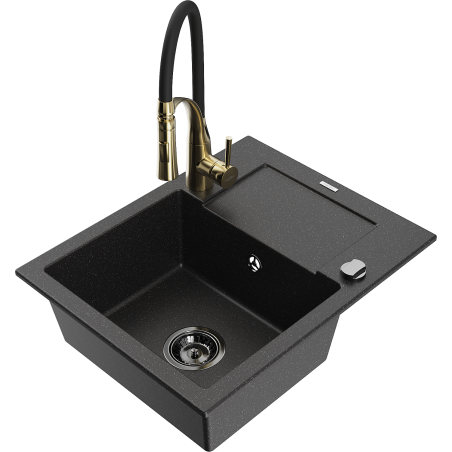 Mexen Enzo granite sink 1-bowl with drainer and kitchen faucet Aster, black/silver metallic - 6506-73-73450-57-B