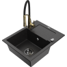 Mexen Enzo Granite Kitchen Sink 1-Bowl with Drainboard and Aster Faucet, Black/Silver Metallic - 6506-73-73450-57-B