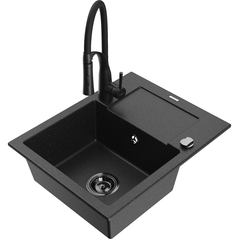 Mexen Enzo 1-bowl granite sink with drainer and Aster kitchen tap, black/silver metallic - 6506-73-73450-70-B
